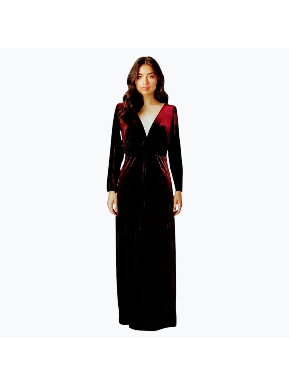 NWT Blush Mark Burgundy New Moon Velvet V Neck Long Sleeves Maxi Dress M